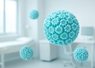 Ψυχολογική Υποστήριξη και Διαχείριση Άγχους σε Ασθενείς με HPV Κονδυλώματα Abstract illustration of HPV virus elements with dermatological and gynecological medical environment