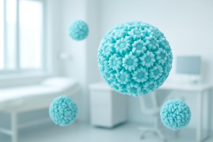 Abstract illustration of HPV virus elements with dermatological and gynecological medical environment