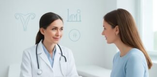 Φωτεινό ιατρείο γυναικολογικής συμβουλευτικής με σύγχρονο ιατρικό εξοπλισμό και τεχνολογία tablet, που αντικατοπτρίζει εξειδικευμένη φροντίδα γυναικολογίας