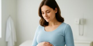 Έγκυος γυναίκα αγγίζει απαλά την κοιλιά της σε ιατρικό περιβάλλον με φυσικό φωτισμό