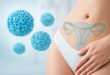Υπολογιστική επιστημονική απεικόνιση ιού HPV με δερματολογικά και γυναικολογικά στοιχεία σε φωτεινό ιατρικό περιβάλλον