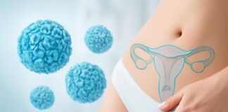 Υπολογιστική επιστημονική απεικόνιση ιού HPV με δερματολογικά και γυναικολογικά στοιχεία σε φωτεινό ιατρικό περιβάλλον