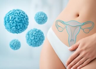 HPV κονδυλώματα και σύντροφος: Πώς να προστατεύσετε την ασφάλεια και την υγεία σας Υπολογιστική επιστημονική απεικόνιση ιού HPV με δερματολογικά και γυναικολογικά στοιχεία σε φωτεινό ιατρικό περιβάλλον