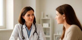 Ιατρική συνεδρία με γιατρό και ασθενή σε σύγχρονο ιατρείο