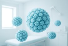 Abstract representation of HPV virus particles in a modern medical environment with bright and safe aesthetics