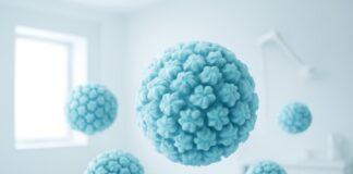 Abstract representation of HPV virus particles in a modern medical environment with bright and safe aesthetics
