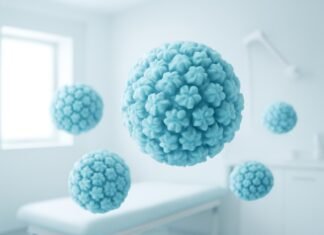 Safe Practices and HPV Condylomas: A Comprehensive Patient Guide Abstract representation of HPV virus particles in a modern medical environment with bright and safe aesthetics