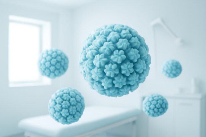 Safe Practices and HPV Condylomas: A Comprehensive Patient Guide Abstract representation of HPV virus particles in a modern medical environment with bright and safe aesthetics