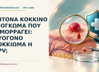 Ιατρικό cover για: Έντονα κόκκινο εξόγκωμα που αιμορραγεί: πυογόνο κοκκίωμα ή HPV