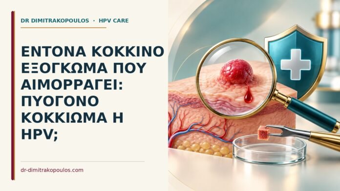 Έντονα κόκκινο εξόγκωμα που αιμορραγεί: πυογόνο κοκκίωμα ή HPV Ιατρικό cover για: Έντονα κόκκινο εξόγκωμα που αιμορραγεί: πυογόνο κοκκίωμα ή HPV