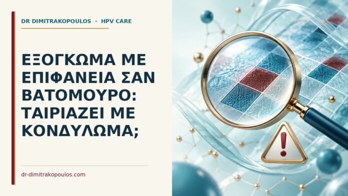 Ιατρικό cover για: Εξόγκωμα με επιφάνεια σαν βατόμουρο: ταιριάζει με κονδύλωμα