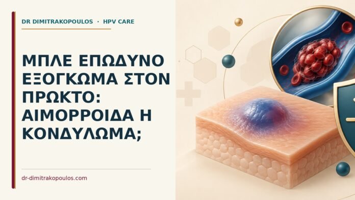 Μπλε επώδυνο εξόγκωμα στον πρωκτό: αιμορροΐδα ή κονδύλωμα Ιατρικό cover για: Μπλε επώδυνο εξόγκωμα στον πρωκτό: αιμορροΐδα ή κονδύλωμα