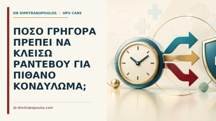 Πόσο γρήγορα πρέπει να κλείσω ραντεβού για πιθανό κονδύλωμα Ιατρικό cover για: Πόσο γρήγορα πρέπει να κλείσω ραντεβού για πιθανό κονδύλωμα