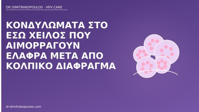 Κονδυλώματα στο έσω χείλος που αιμορραγούν ελαφρά μετά από κολπικό διάφραγμα κονδυλώματα έσω χείλος