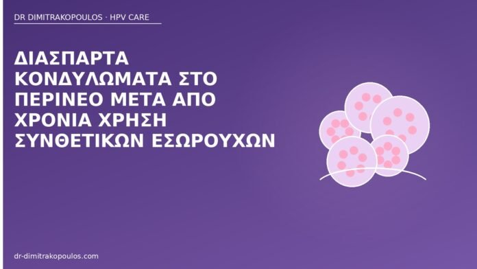 Διάσπαρτα κονδυλώματα στο περίνεο μετά από χρόνια χρήση συνθετικών εσωρούχων κονδυλώματα περίνεο
