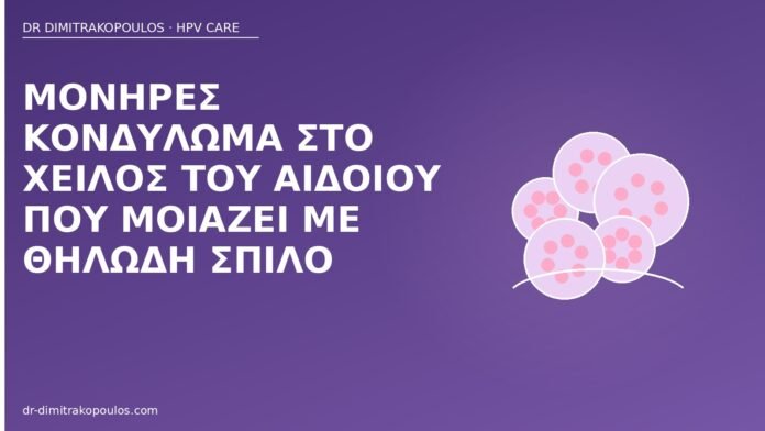 Μονήρες κονδύλωμα στο χείλος του αιδοίου που μοιάζει με θηλώδη σπίλο κονδύλωμα χείλος αιδοίου