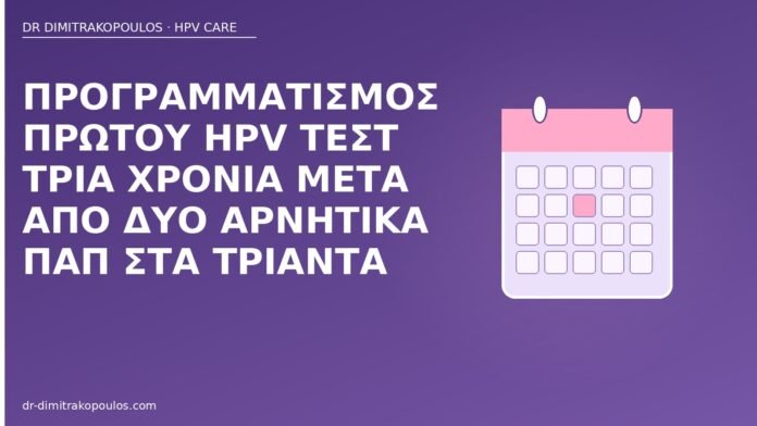 Προγραμματισμός πρώτου HPV τεστ τρία χρόνια μετά από δύο αρνητικά Παπ στα τριάντα πρώτο HPV τεστ μετά Παπ