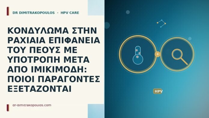 ΚΟΝΔΥΛΩΜΑ ΣΤΗΝ ΡΑΧΙΑΙΑ ΕΠΙΦΑΝΕΙΑ ΤΟΥ ΠΕΟΥΣ ΜΕ ΥΠΟΤΡΟΠΗ ΜΕΤΑ ΑΠΟ ΙΜΙΚΙΜΟΔΗ: ΠΟΙΟΙ ΠΑΡΑΓΟΝΤΕΣ ΕΞΕΤΑΖΟΝΤΑΙ ΚΟΝΔΥΛΩΜΑ ΣΤΗΝ ΡΑΧΙΑΙΑ ΕΠΙΦΑΝΕΙΑ ΤΟΥ ΠΕΟΥΣ ΜΕ ΥΠΟΤΡΟΠΗ ΜΕΤΑ ΑΠΟ