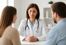 Έλεγχος φορείας πριν από εγκυμοσύνη: ποιες εξετάσεις συζητούνται; Γυναικολόγος συμβουλεύει ζευγάρι σε ιατρείο στη Γλυφάδα