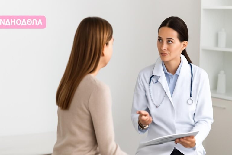 Γιατρός γυναικολόγος σε κλινικό περιβάλλον συμβουλεύει γυναίκα ασθενή σχετικά με βαριά αιμορραγία περιόδου, με κύριο θέμα στα δεξιά και καθαρό χώρο αριστερά