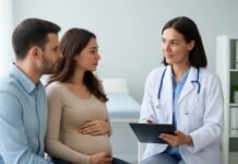 Γυναικολόγος σε κλινική με ζευγάρι συζητούν για υπογονιμότητα