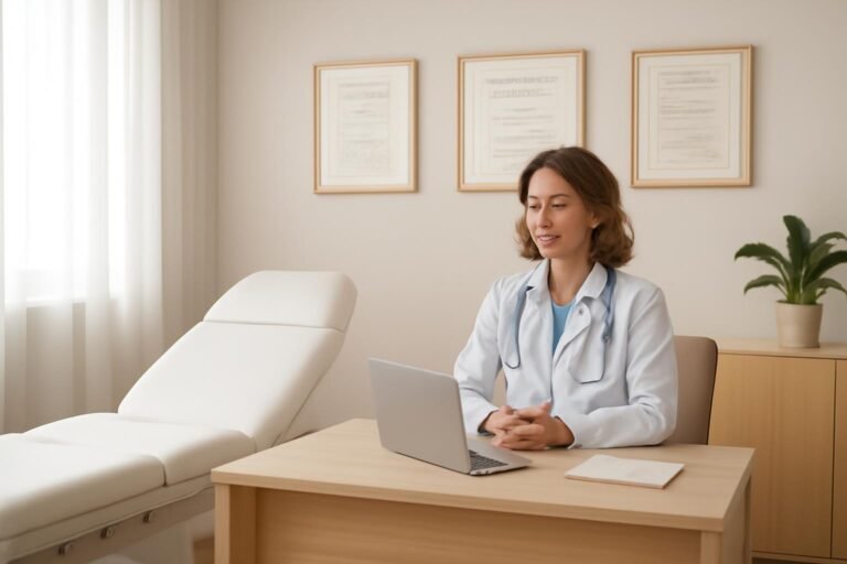 Consultation room of gynecologist in Glyfada with diplomas and soft light