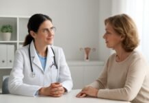 Γυναικολόγος κατά τη διάρκεια εξέτασης εμμηνόπαυσης γυναίκας
