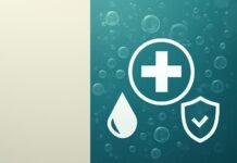Αφηρημένη ιατρική απεικόνιση τζακουζί με ιατρικά σύμβολα σε ζεστούς κρεμ και teal τόνους