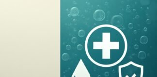 Αφηρημένη ιατρική απεικόνιση τζακουζί με ιατρικά σύμβολα σε ζεστούς κρεμ και teal τόνους