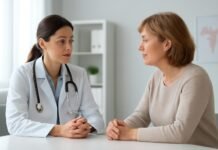 Γιατρός γυναικολόγος σε κλινική συζητά με γυναίκα σχετικά με ορμονική θεραπεία εμμηνόπαυσης