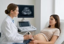 Γυναικολόγος εξετάζει νεαρή ασθενή για παρατεταμένη περίοδο σε κλινικό περιβάλλον με υπερηχογραφία