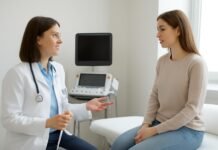 Πόνος στη μέση και ενδομητρίωση: πότε υπάρχει πιθανή σχέση; Εικόνα γυναικολόγου με ασθενή σε υπερηχογραφικό ιατρείο, καθισμένες, συζήτηση για πόνο στη μέση και ενδομητρίωση