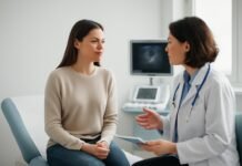 Πόνος στη σεξουαλική επαφή και ενδομητρίωση: τι πρέπει να γνωρίζετε; Γυναικολογική εξέταση γυναίκας σε κλινικό περιβάλλον με υπερηχογράφο, αναπαριστώντας πόνο στη σεξουαλική επαφή σχετιζόμενο με ενδομητρίωση