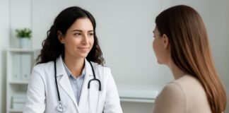 Δρ. Ιωάννης Δημητρακόπουλος συζητά με ασθενή σε σύγχρονο ιατρικό γραφείο στη Γλυφάδα