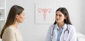 Γυναικολόγος και ασθενής σε ιατρείο συζητούν για γονιμότητα