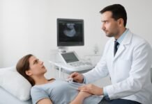 Γιατρός πραγματοποιεί υπερηχογράφημα σε γυναίκα με ακανόνιστη περίοδο σε μοντέρνο ιατρείο στη Γλυφάδα