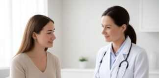 Ιατρικός χώρος με γυναικολόγο και ασθενή σε συζήτηση για υστεροσκόπηση
