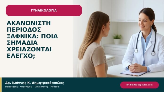 Ακανόνιστη περίοδος ξαφνικά: ποια σημάδια χρειάζονται έλεγχο; Ακανόνιστη περίοδος ξαφνικά: ποια σημάδια χρειάζονται έλεγχο; - ενημερωτικό cover του Δρ. Ιωάννη Κ. Δημητρακόπουλου