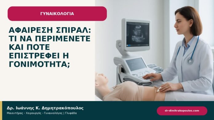 Αφαίρεση σπιράλ: τι να περιμένετε και πότε επιστρέφει η γονιμότητα; Αφαίρεση σπιράλ: τι να περιμένετε και πότε επιστρέφει η γονιμότητα; - ενημερωτικό cover του Δρ. Ιωάννη Κ. Δημητρακόπουλου
