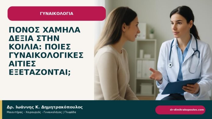Πόνος χαμηλά δεξιά στην κοιλιά: ποιες γυναικολογικές αιτίες εξετάζονται; Πόνος χαμηλά δεξιά στην κοιλιά: ποιες γυναικολογικές αιτίες εξετάζονται; - ενημερωτικό cover του Δρ. Ιωάννη Κ. Δημητρακόπουλου