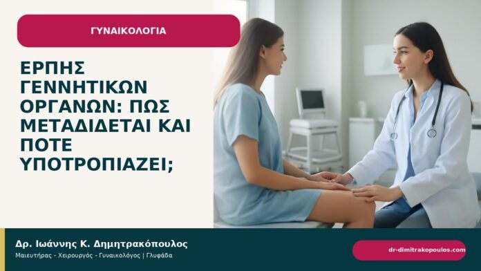 Έρπης γεννητικών οργάνων: πώς μεταδίδεται και πότε υποτροπιάζει; Έρπης γεννητικών οργάνων: πώς μεταδίδεται και πότε υποτροπιάζει; - ενημερωτικό cover του Δρ. Ιωάννη Κ. Δημητρακόπουλου