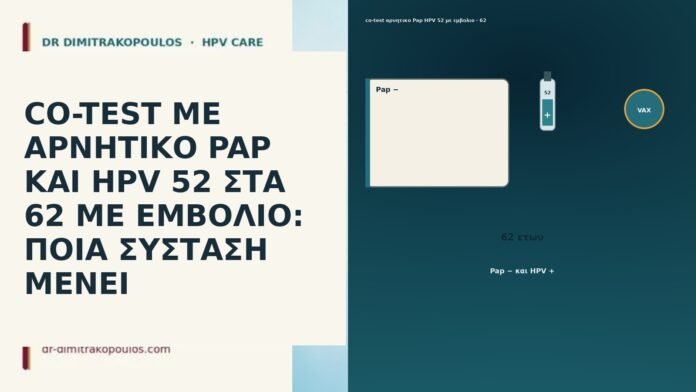 CO-TEST ΜΕ ΑΡΝΗΤΙΚΟ PAP ΚΑΙ HPV 52 ΣΤΑ 62 ΜΕ ΕΜΒΟΛΙΟ: ΠΟΙΑ ΣΥΣΤΑΣΗ ΜΕΝΕΙ CO-TEST ΜΕ ΑΡΝΗΤΙΚΟ PAP ΚΑΙ HPV 52 ΣΤΑ 62 ΜΕ