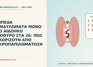 ΕΠΙΠΕΔΑ ΚΟΝΔΥΛΩΜΑΤΑ ΜΟΝΟ ΣΤΟ ΑΙΔΟΙΙΚΟ ΠΡΟΘΥΡΟ ΣΤΑ 26: ΠΩΣ ΞΕΧΩΡΙΖΟΥΝ ΑΠΟ ΜΙΚΡΟΠΑΠΙΛΩΜΑΤΩΣΗ επίπεδα κονδυλώματα προθύρου