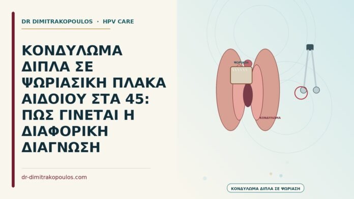 ΚΟΝΔΥΛΩΜΑ ΔΙΠΛΑ ΣΕ ΨΩΡΙΑΣΙΚΗ ΠΛΑΚΑ ΑΙΔΟΙΟΥ ΣΤΑ 45: ΠΩΣ ΓΙΝΕΤΑΙ Η ΔΙΑΦΟΡΙΚΗ ΔΙΑΓΝΩΣΗ κονδύλωμα δίπλα σε ψωρίαση