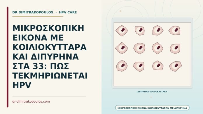 ΜΙΚΡΟΣΚΟΠΙΚΗ ΕΙΚΟΝΑ ΜΕ ΚΟΙΛΙΟΚΥΤΤΑΡΑ ΚΑΙ ΔΙΠΥΡΗΝΑ ΣΤΑ 33: ΠΩΣ ΤΕΚΜΗΡΙΩΝΕΤΑΙ HPV κοιλοκύτταρα με διπύρηνα