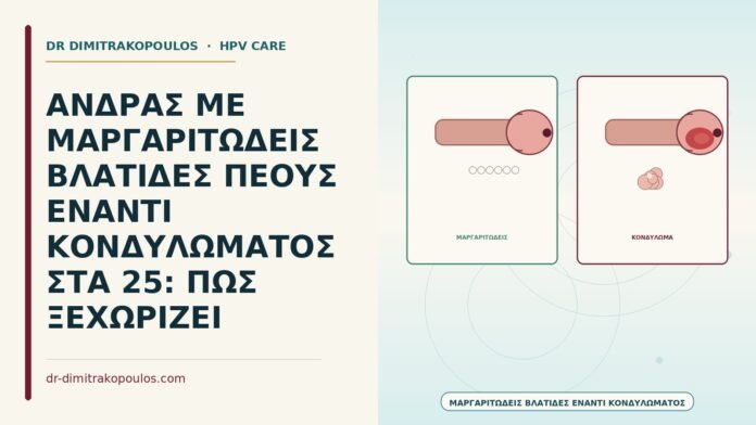 ΑΝΔΡΑΣ ΜΕ ΜΑΡΓΑΡΙΤΩΔΕΙΣ ΒΛΑΤΙΔΕΣ ΠΕΟΥΣ ΕΝΑΝΤΙ ΚΟΝΔΥΛΩΜΑΤΟΣ ΣΤΑ 25: ΠΩΣ ΞΕΧΩΡΙΖΕΙ μαργαριτώδεις βλατίδες πέους έναντι κονδυλώματος