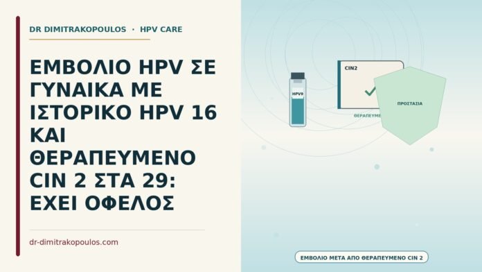 ΕΜΒΟΛΙΟ HPV ΣΕ ΓΥΝΑΙΚΑ ΜΕ ΙΣΤΟΡΙΚΟ HPV 16 ΚΑΙ ΘΕΡΑΠΕΥΜΕΝΟ CIN 2 ΣΤΑ 29: ΕΧΕΙ ΟΦΕΛΟΣ εμβόλιο μετά από θεραπευμένο CIN 2