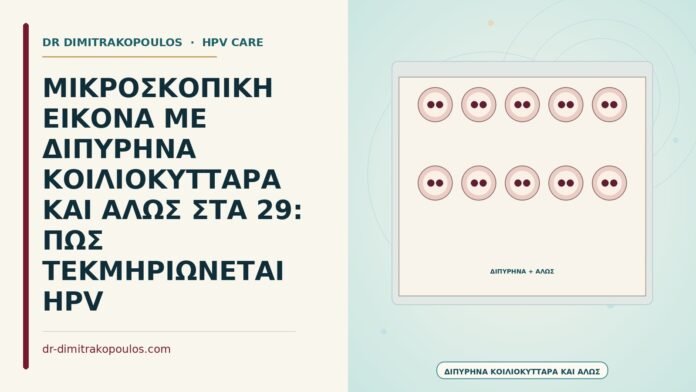 ΜΙΚΡΟΣΚΟΠΙΚΗ ΕΙΚΟΝΑ ΜΕ ΔΙΠΥΡΗΝΑ ΚΟΙΛΙΟΚΥΤΤΑΡΑ ΚΑΙ ΑΛΩΣ ΣΤΑ 29: ΠΩΣ ΤΕΚΜΗΡΙΩΝΕΤΑΙ HPV μικροσκοπική εικόνα με διπύρηνα κοιλοκύτταρα και άλω