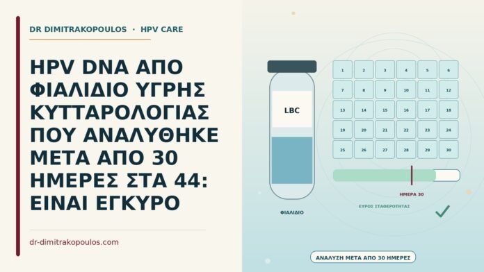HPV DNA ΑΠΟ ΦΙΑΛΙΔΙΟ ΥΓΡΗΣ ΚΥΤΤΑΡΟΛΟΓΙΑΣ ΠΟΥ ΑΝΑΛΥΘΗΚΕ ΜΕΤΑ ΑΠΟ 30 ΗΜΕΡΕΣ ΣΤΑ 44: ΕΙΝΑΙ ΕΓΚΥΡΟ HPV DNA από φιαλίδιο υγρής κυτταρολογίας μετά από 30 ημέρες