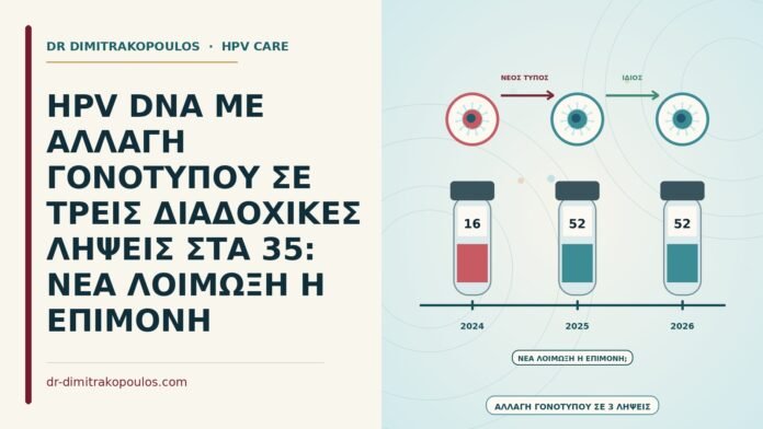 HPV DNA ΜΕ ΑΛΛΑΓΗ ΓΟΝΟΤΥΠΟΥ ΣΕ ΤΡΕΙΣ ΔΙΑΔΟΧΙΚΕΣ ΛΗΨΕΙΣ ΣΤΑ 35: ΝΕΑ ΛΟΙΜΩΞΗ Η ΕΠΙΜΟΝΗ HPV DNA με αλλαγή γονοτύπου σε διαδοχικές λήψεις